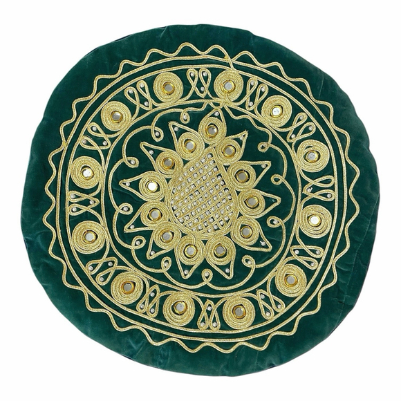 Handmade Other - Handmade Round Persian Pillow Cover Gold Mirrored Faux Pearls Green Velvet READ